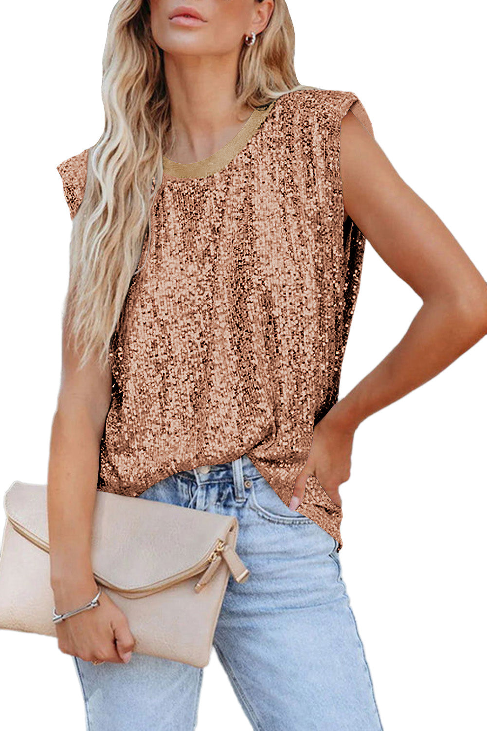 Black Apricot Sequin Round Neck Tank Top