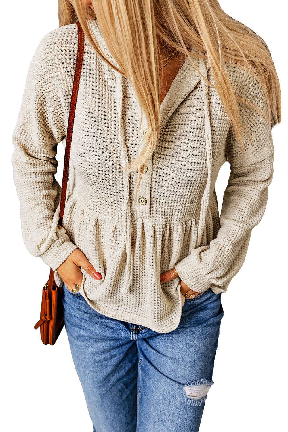 Apricot Waffle Knit Buttons Ruffled Hooded Top