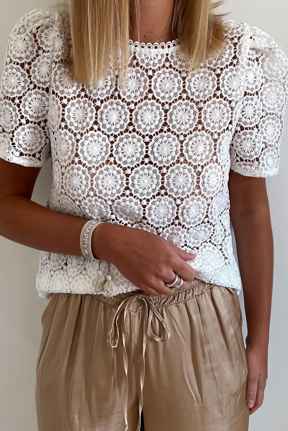 White Crochet Lace Hollowed Short Sleeve Top