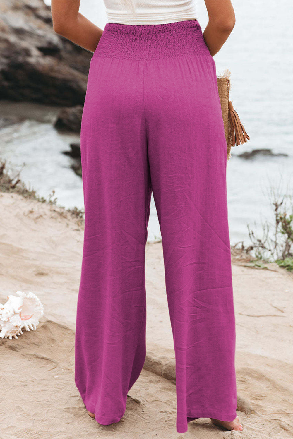 Black Smocked Wide Waistband High Waist Wide Leg Pants