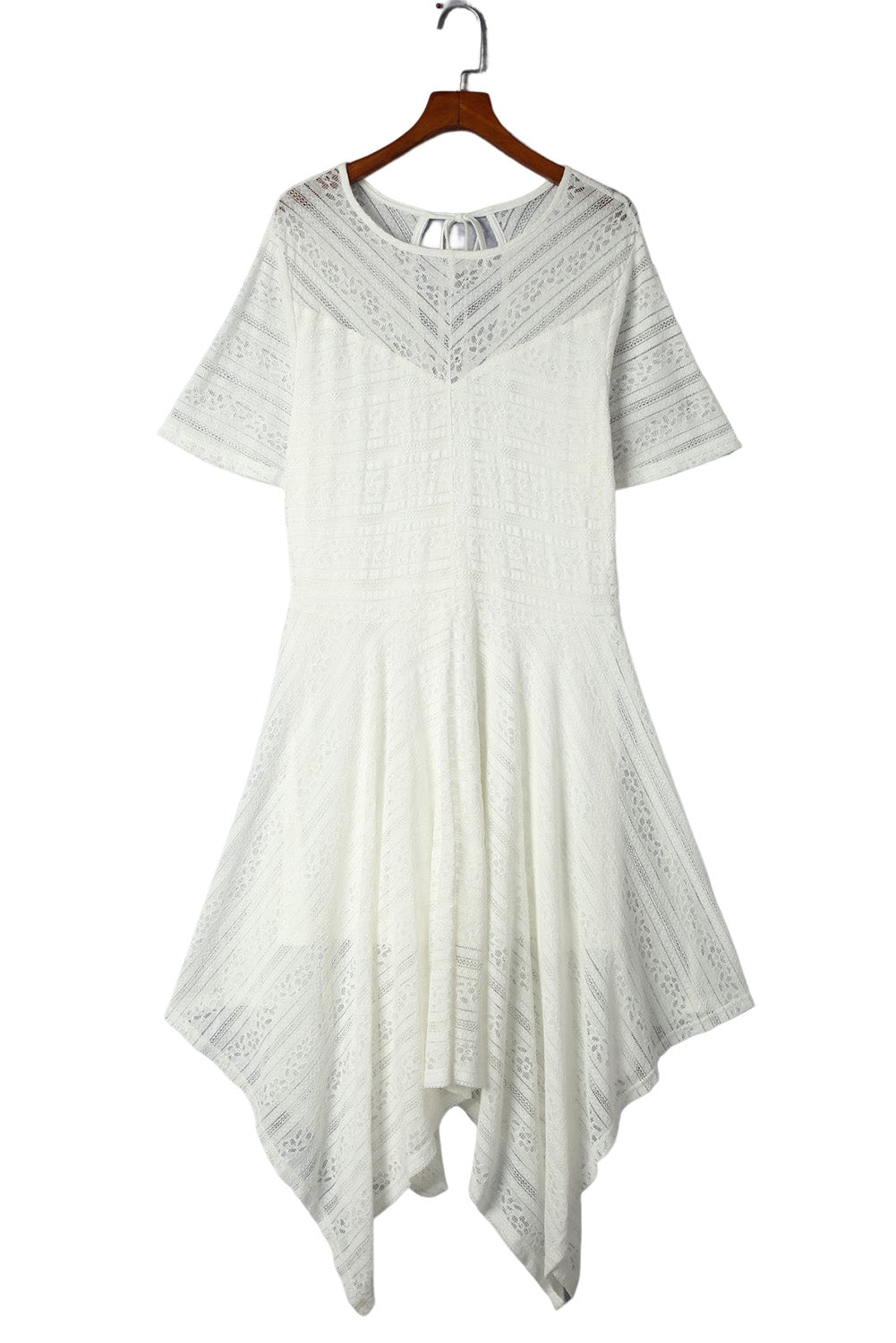 White Plus Size Lace Striped Texture Handkerchief Hem Dress