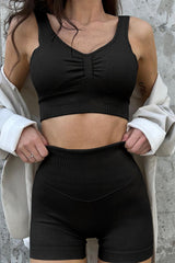 Black Plain Ribbed V Neck Sports Bra