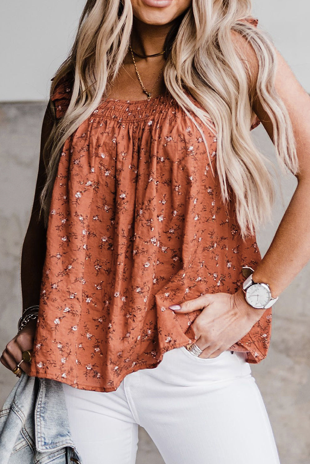 Sky Blue Floral Print Smocked Flounce Sleeveless Top