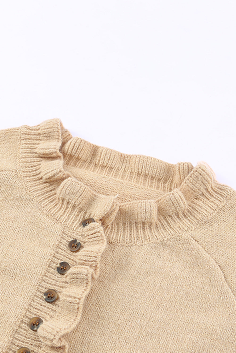 Beige Frill Trim Buttoned Knit Pullover Sweater