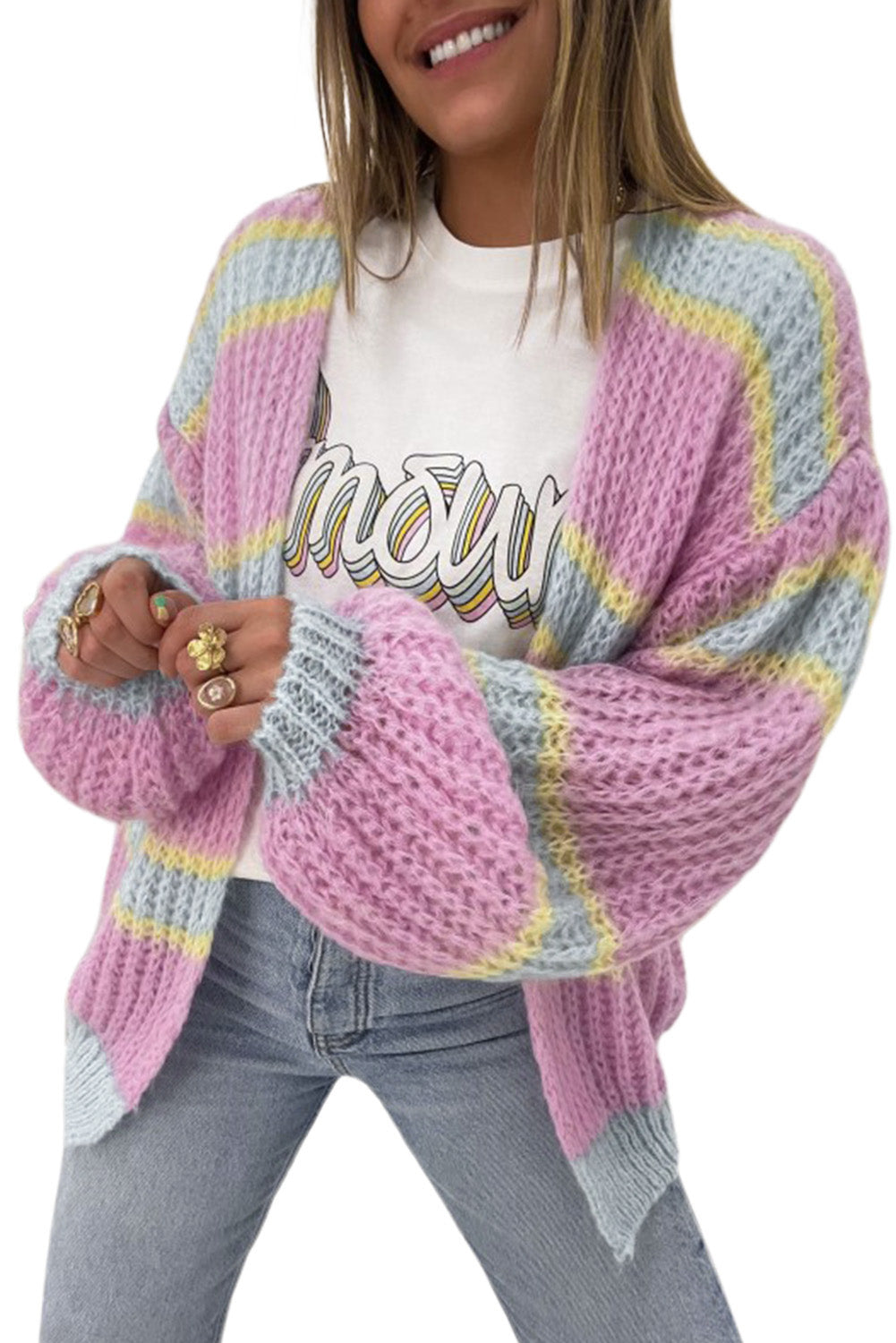 Pink Contrast Striped Open Front Cable Cardigan