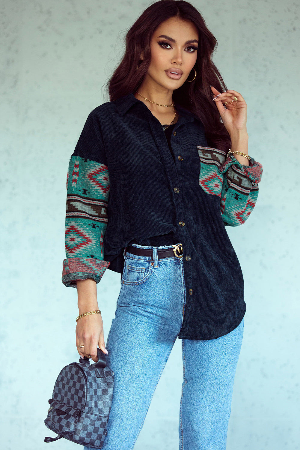 Gray  Aztec Pattern Sleeve Pocketed Corduroy Shacket
