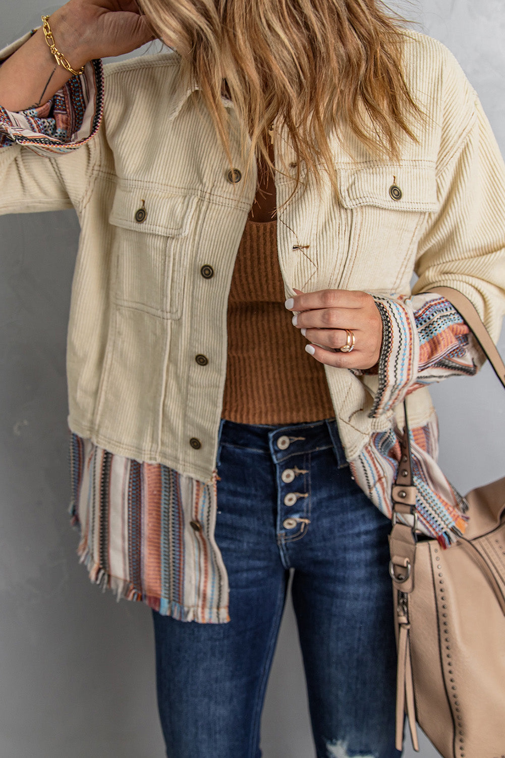 Green Button Up Pockets Striped Color Block Corduroy Jacket