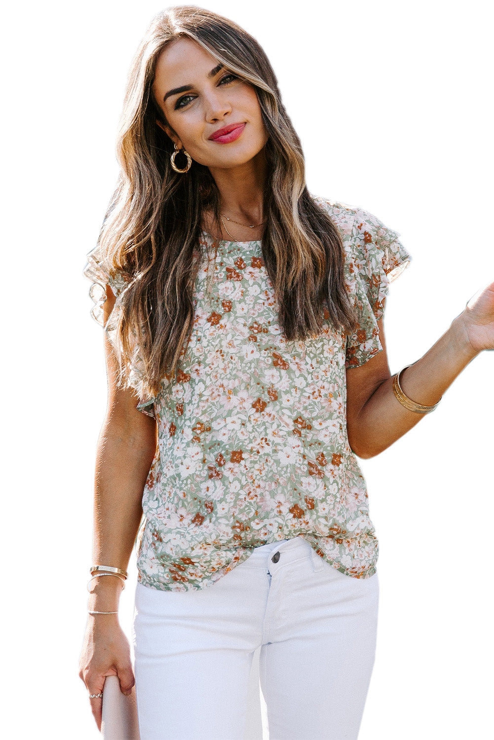 Green Floral Ruffle Short Sleeve Tee