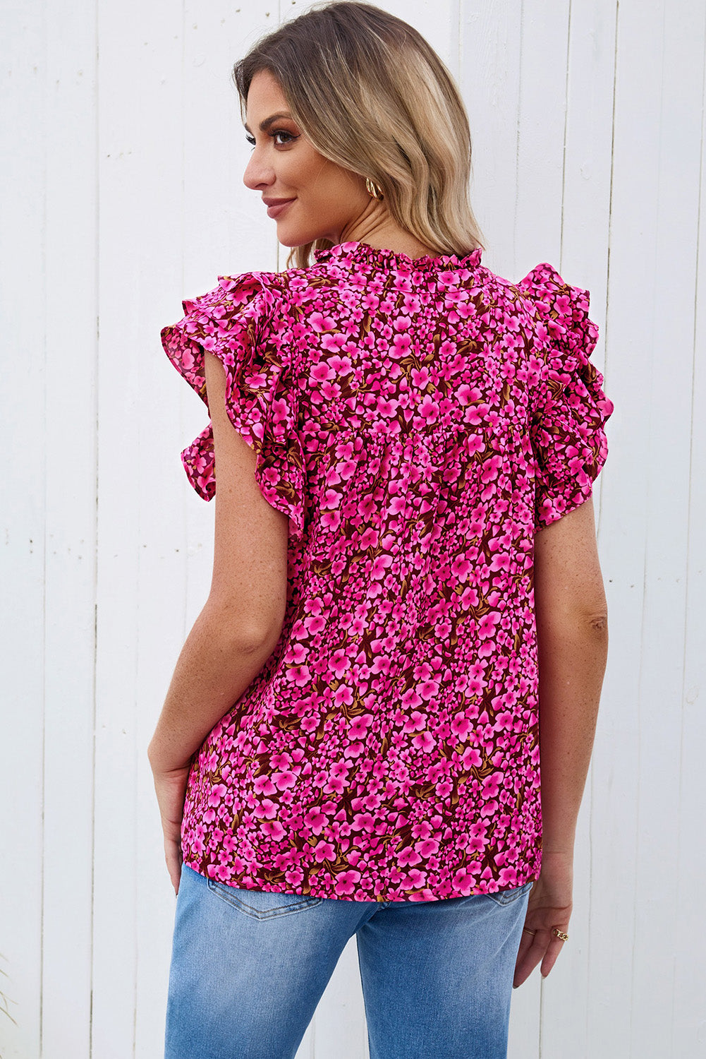 Khaki Floral Print Tiered Flutter Sleeve V Neck Top