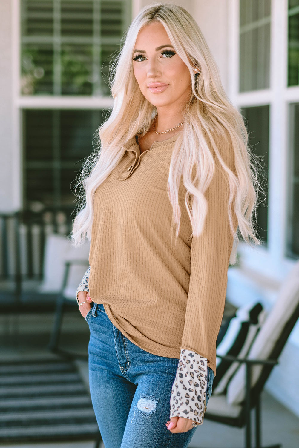 Brown Leopard Cuffs Ribbed Henley Top