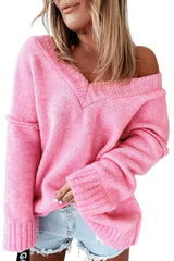 Pink Exposed Seam V Neck Slouchy Sweater