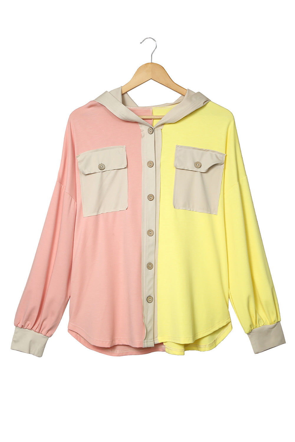 Multicolor Color Block Pocketed Button Down Shirt Jacket with Hood