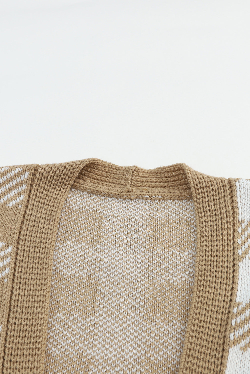 Khaki Plaid Pattern Ribbed Trim Long Cardigan