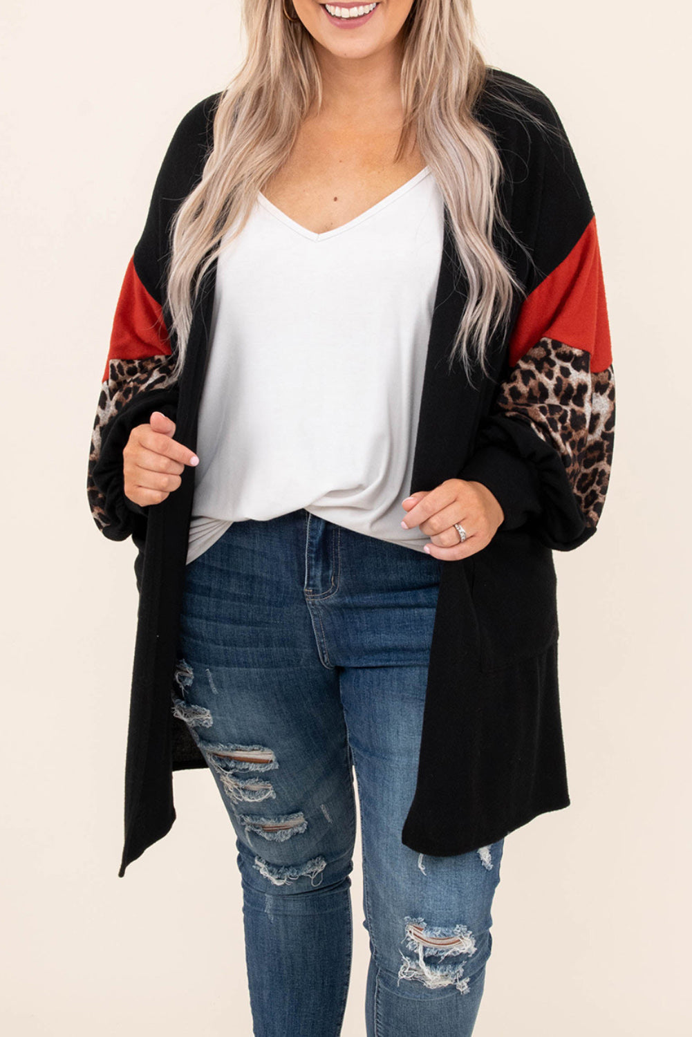 Black Leopard Color Block Sleeve Plus Size Cardigan