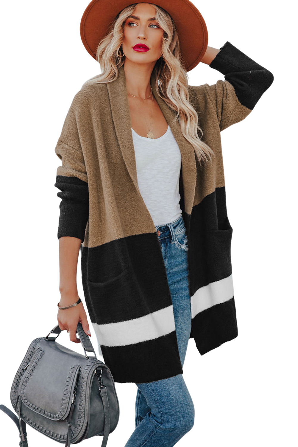 Brown Gingerbread Latte Colorblock Pocketed Cardigan