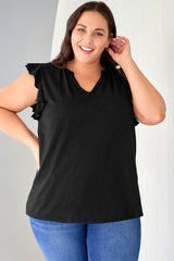 Black V Neck Ruffle Sleeve Plus Size Top