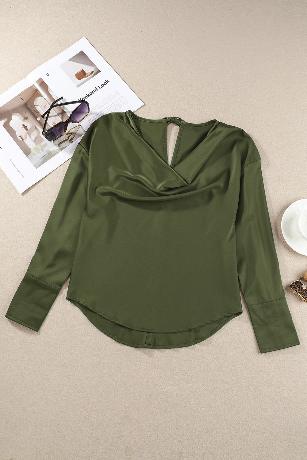 Green Cowl Neck Long Sleeve Elegant Blouse