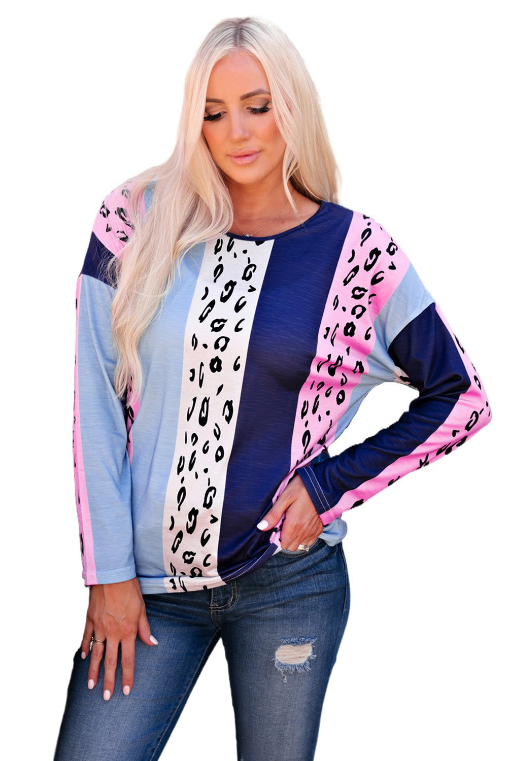 Leopard Color Block Leopard Long Sleeve Blouse