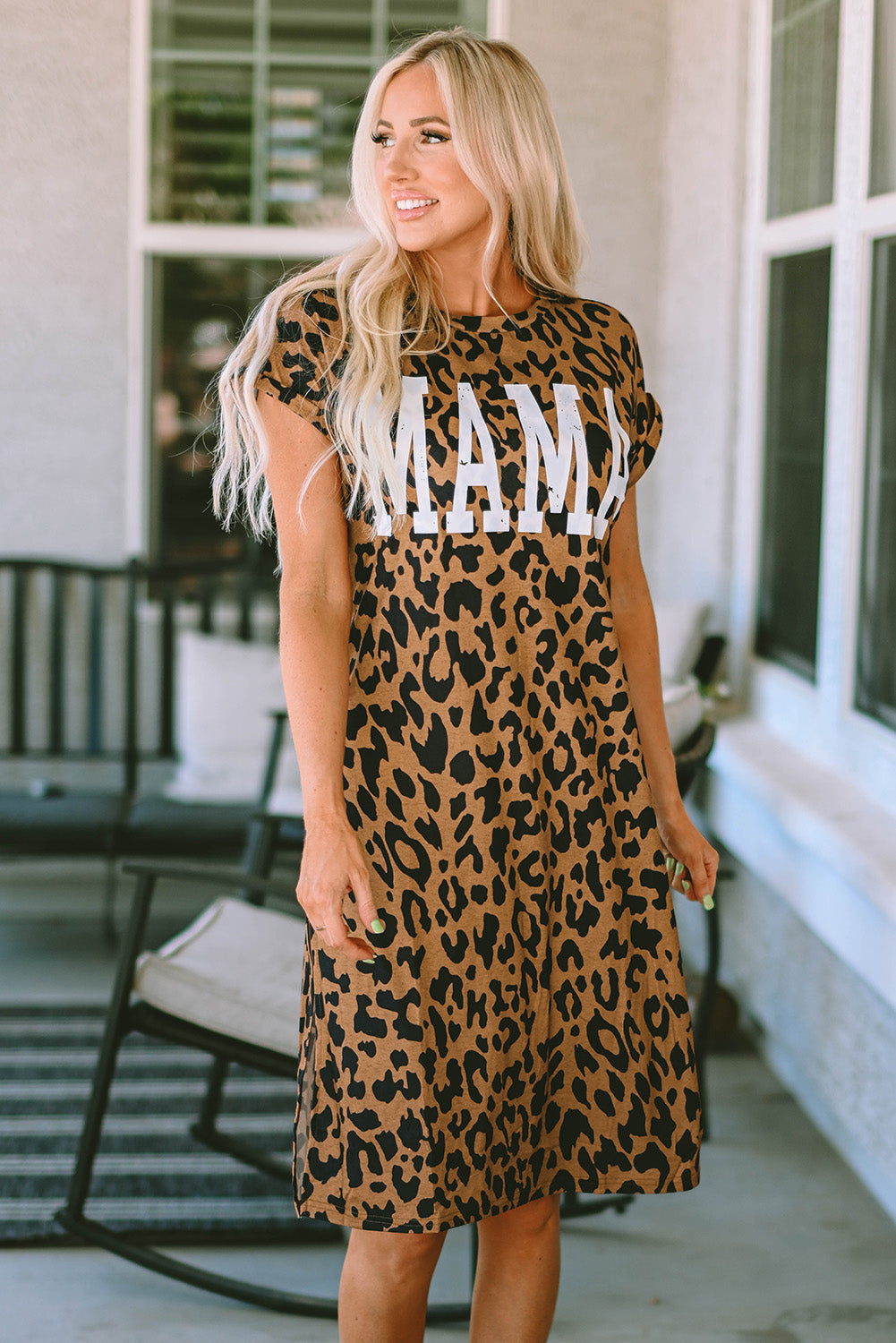 Leopard MAMA Letter Print Slit T-Shirt Dress