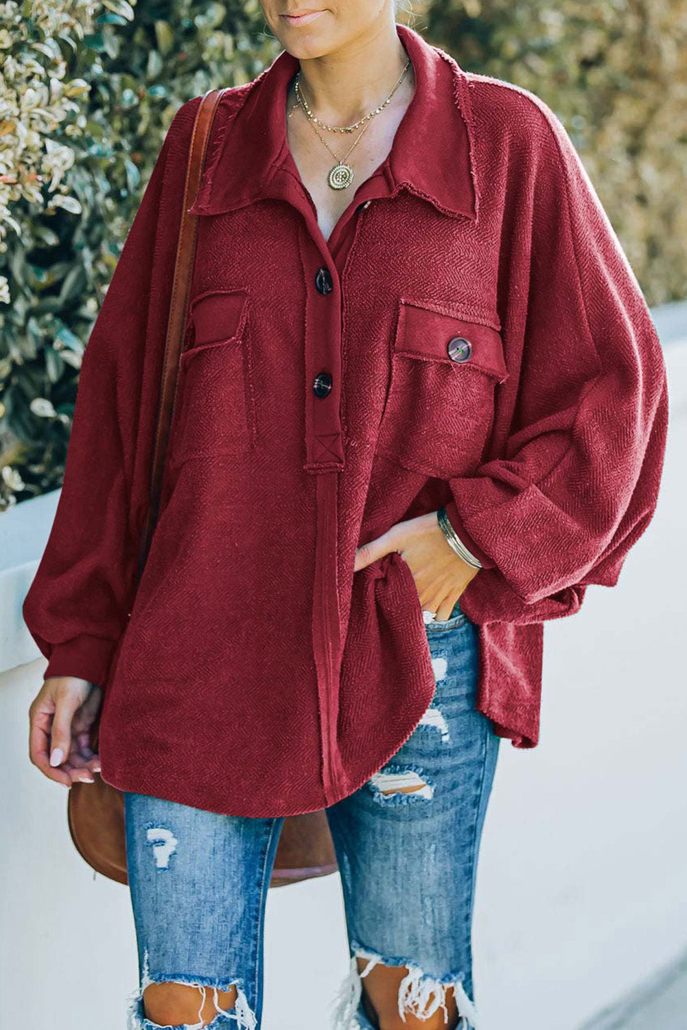 Black Polo Collar Buttoned Patchy Top with Pockets