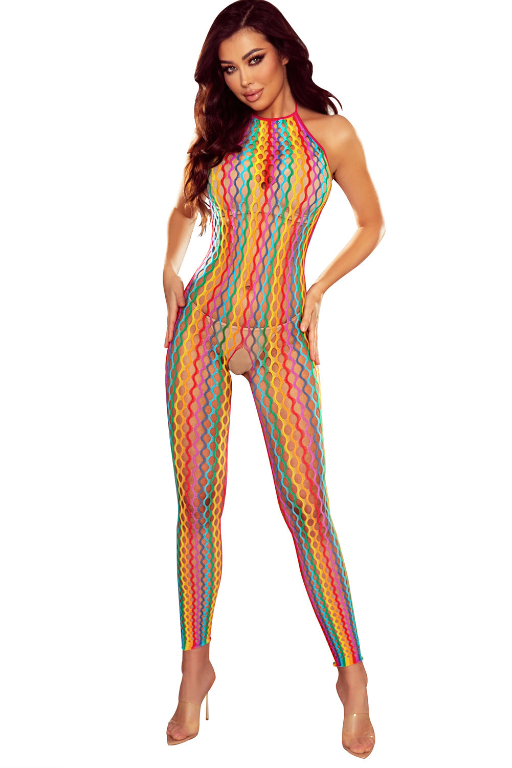 Multicolor Striped Hollow Out Backless Halter Bodystocking