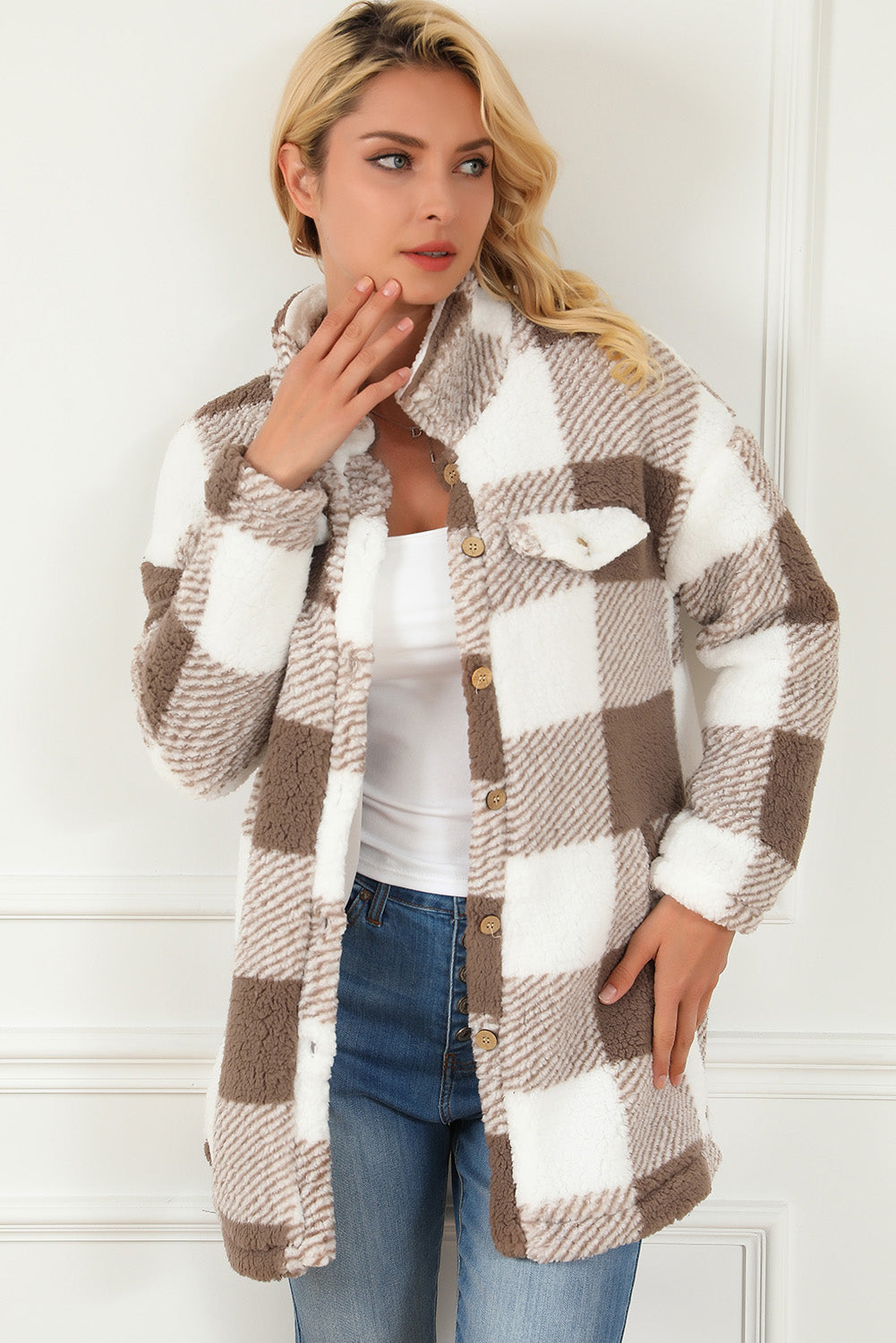 Brown Fuzzy Plaid Flap Button Up Midi Coat