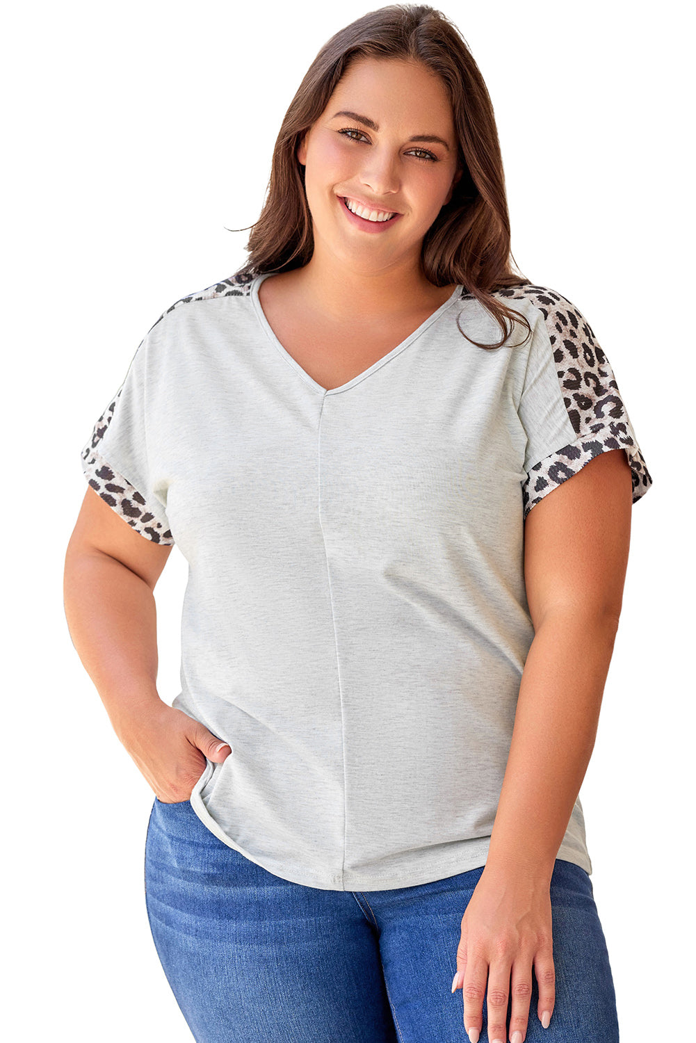 White Plus Leopard Splicing V Neck Short Sleeve Top