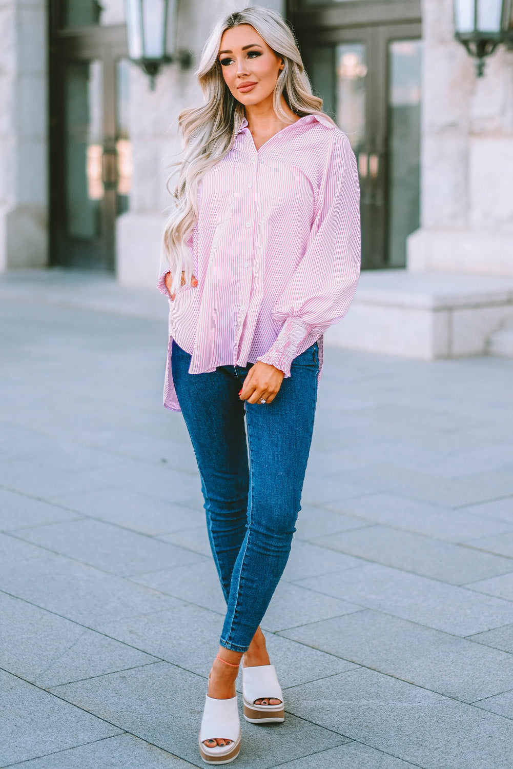 Smocked Cuffed Striped Boyfriend Shirt with Pocket