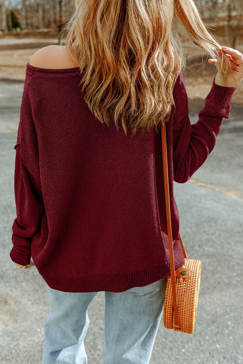 Biking Red Solid Color Off Shoulder Rib Knit Sweater with Pocket