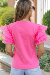 Pink Tulle Ruffle Sleeve Top