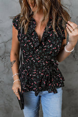 Black Floral Print Belted Ruffled V Neck Sleeveless Top