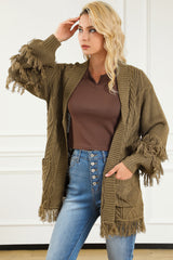 Fringe Trim Cable Knit Open Cardigan