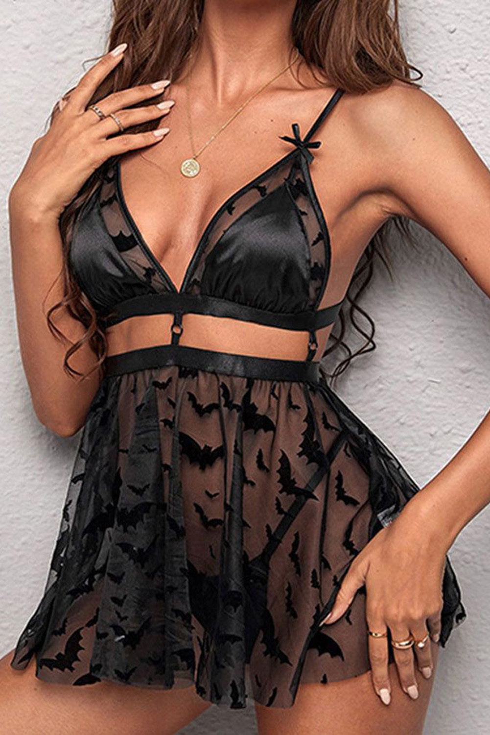 Black Bat Print Mesh Bow Decor Backless Sheer Babydoll