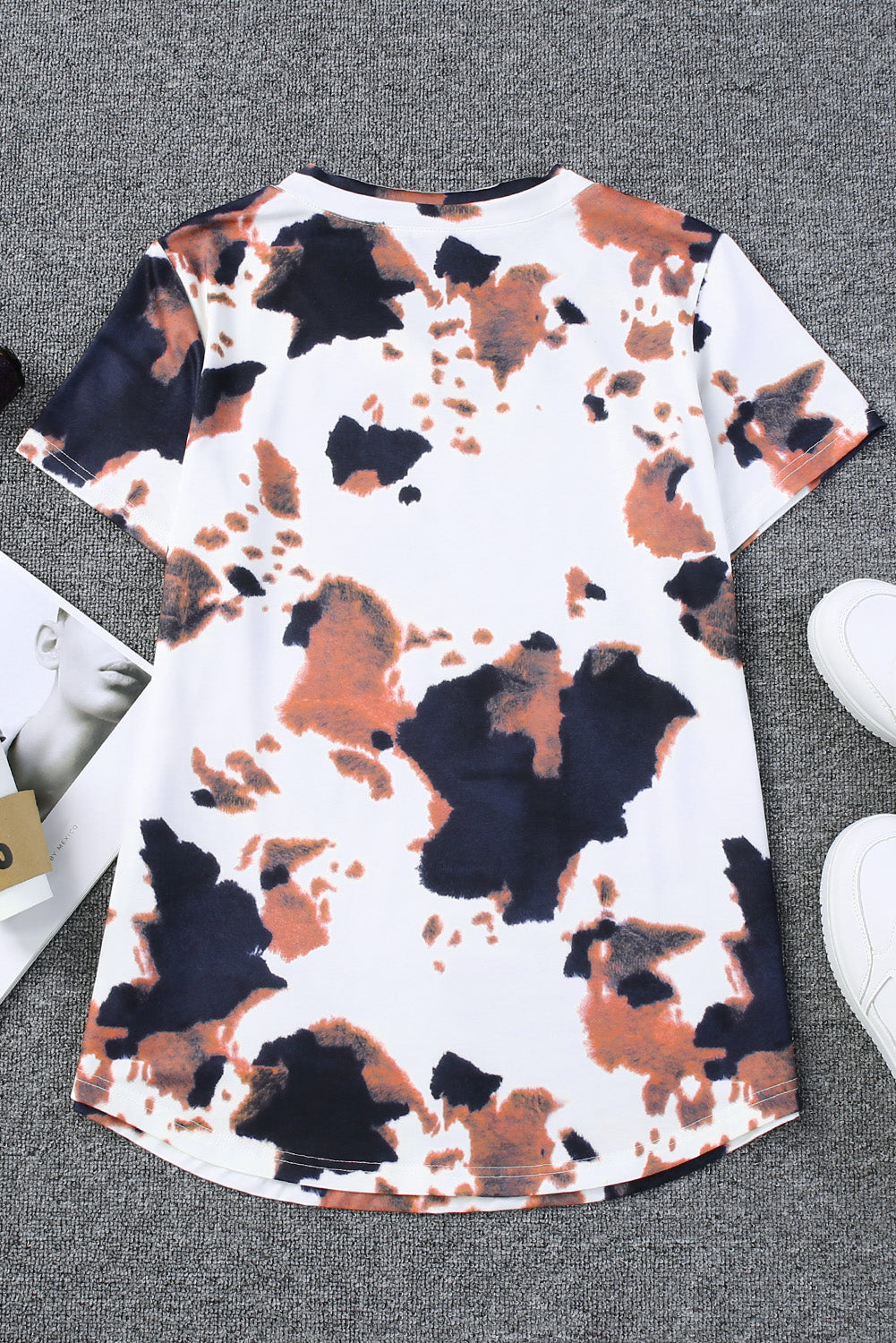 White Cow Pattern Print Short Sleeve V Neck T Shirt