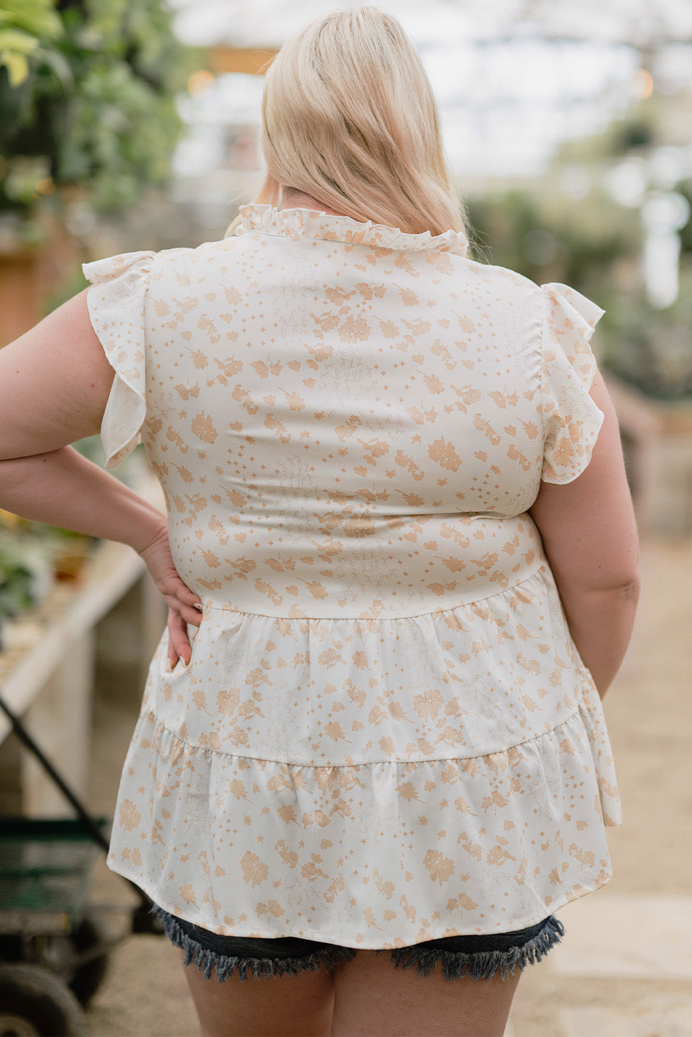 White Ruffled Floral Print Plus Size Top