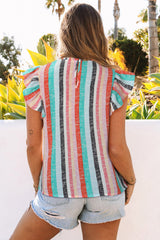Green Striped Color Block Ruffled O-neck Sleeveless Top