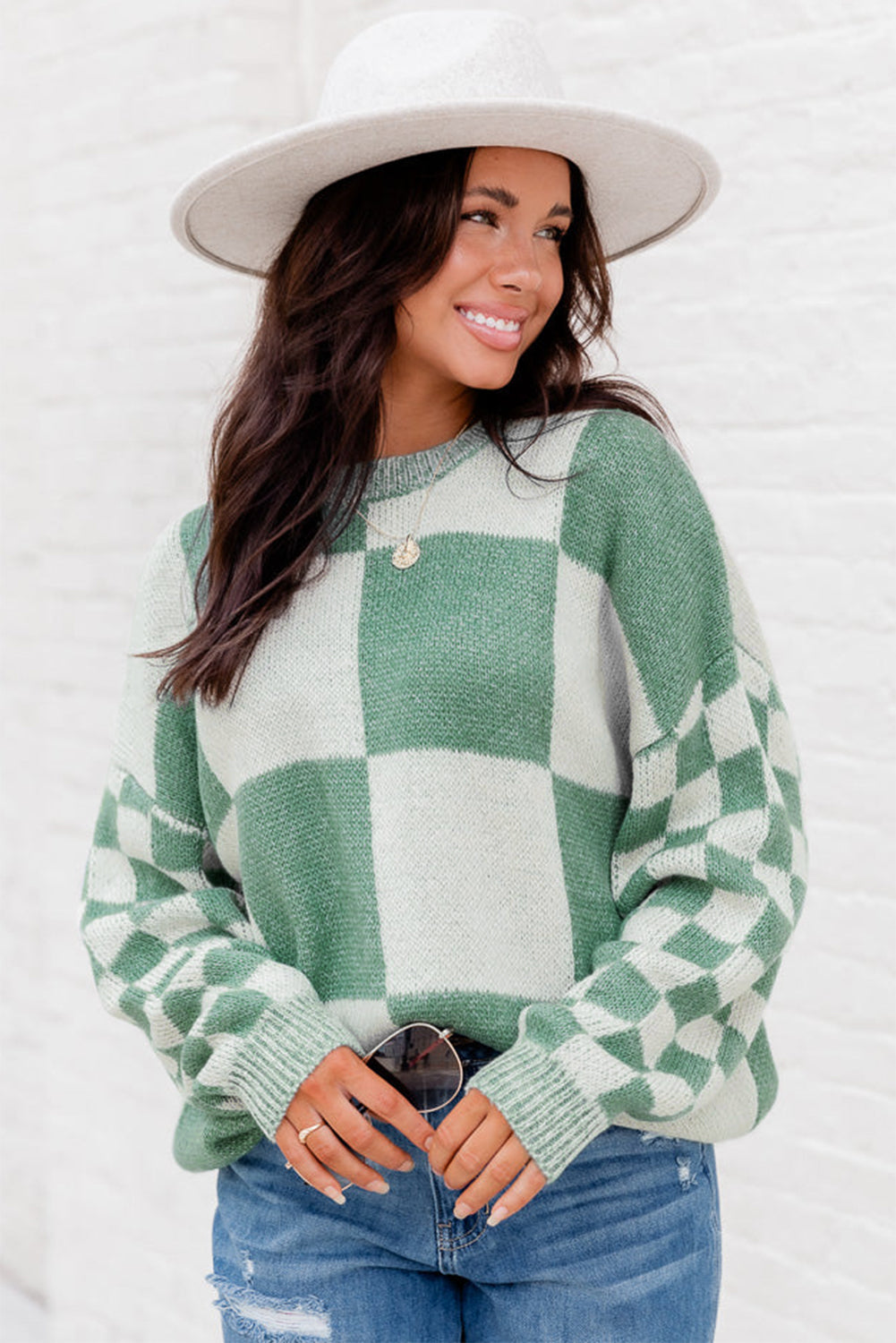 Mint Green Checkered Print Drop Shoulder Sweater