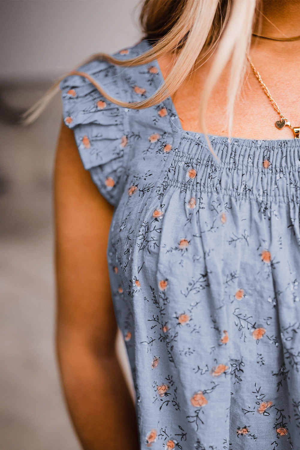 Sky Blue Floral Print Smocked Flounce Sleeveless Top