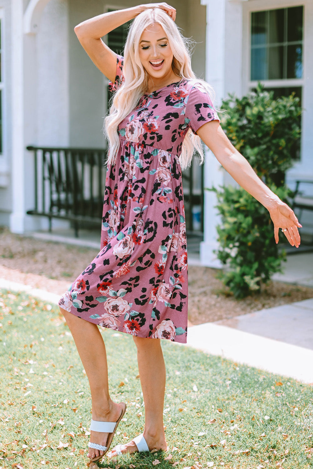 Red Leopard Print Short Sleeve A-line Dress