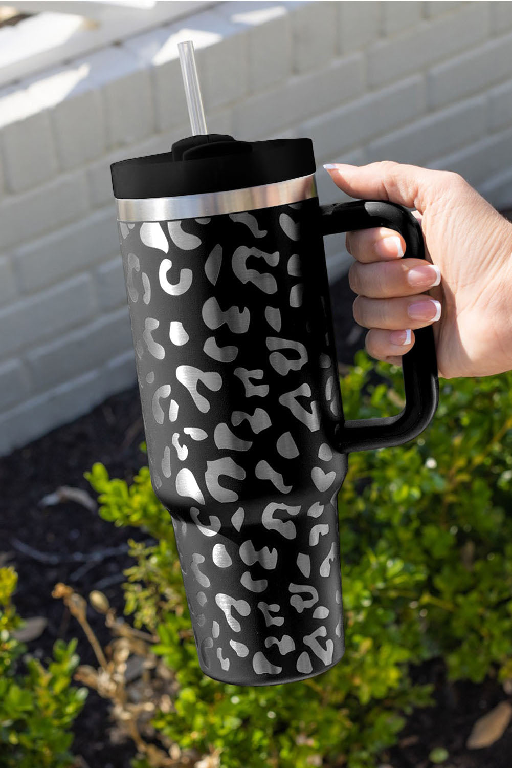 White Leopard Print 40OZ Stainless Steel Portable Cup with Handle