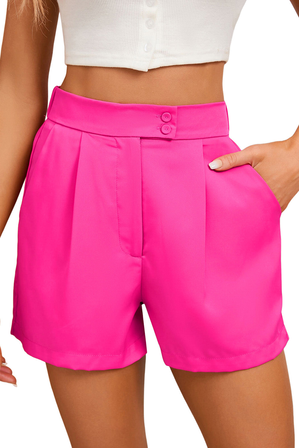 Pink Front Buttons Pleated Tailored Shorts