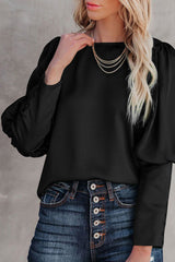 Black Satin Buttoned Cuffs Puff Sleeve Top