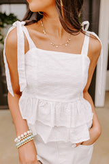 White Eyelet Pattern Tied Shoulder Peplum Tank Top