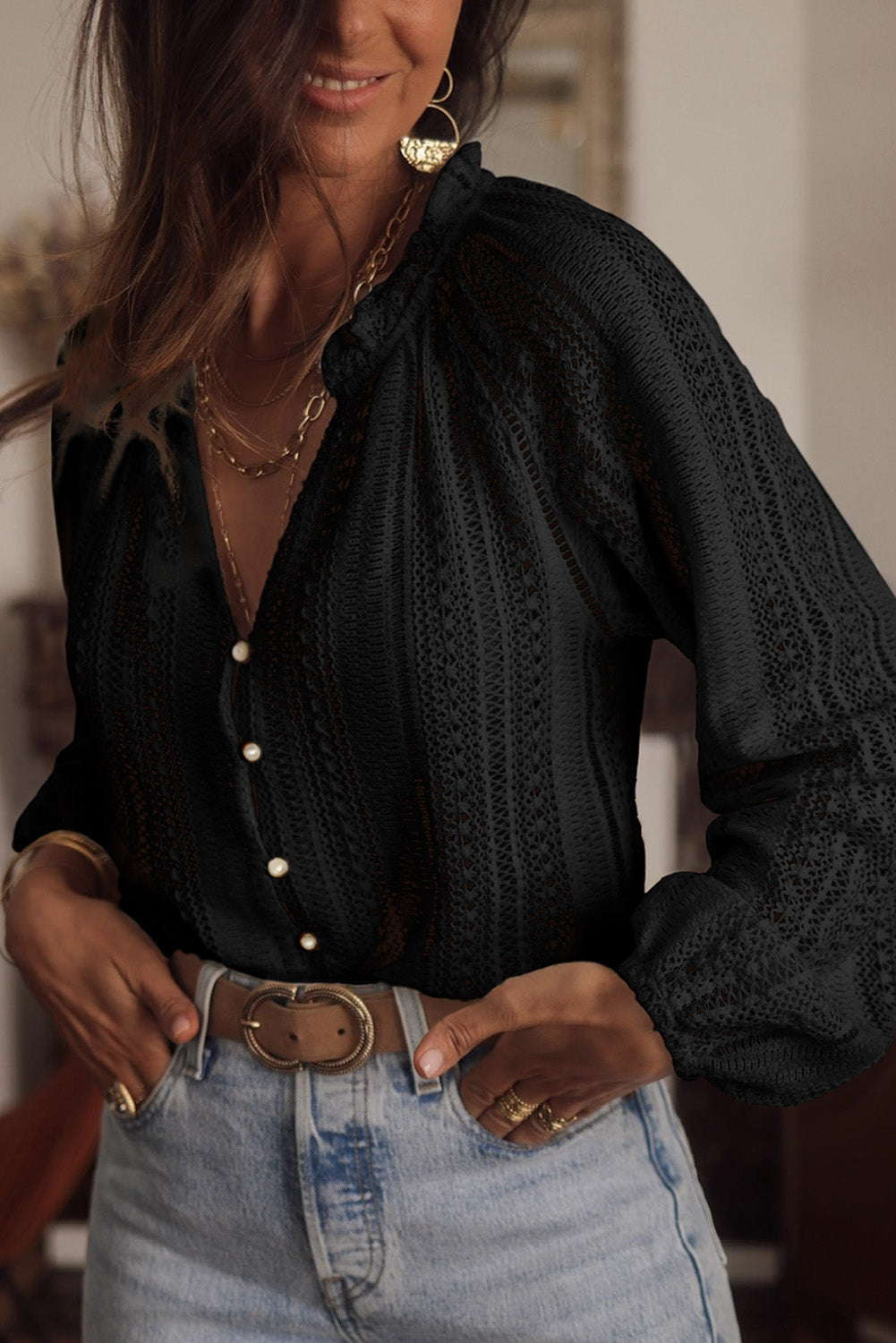 Black V-Neck Long Sleeve Button Up Lace Shirt