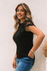 Black Lace Ruffle Sleeve Round Neck T Shirt