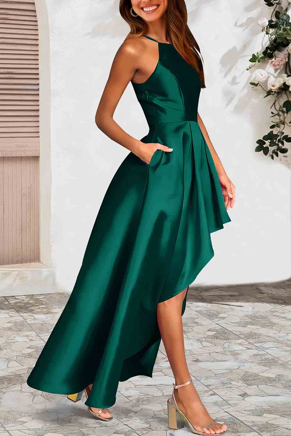 Green Satin Sleeveless Pleated High Low Dress with Pocket