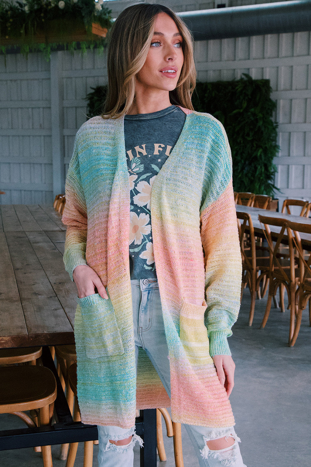 Green  Gradient Knit Open Cardigan with Pockets