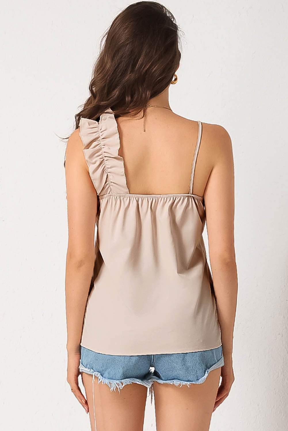 White Frilled Patchwork Spaghetti Strap V Neck Tank Top