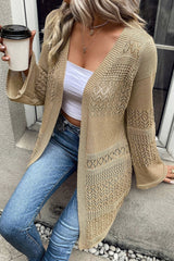 Khaki Pointelle Knit Open Front Cardigan