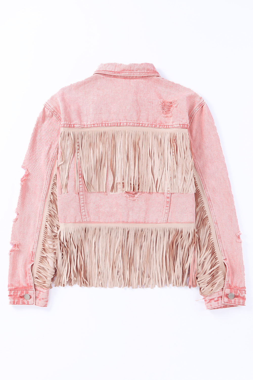 Pink Distressed Fringed Cropped Denim Jacket